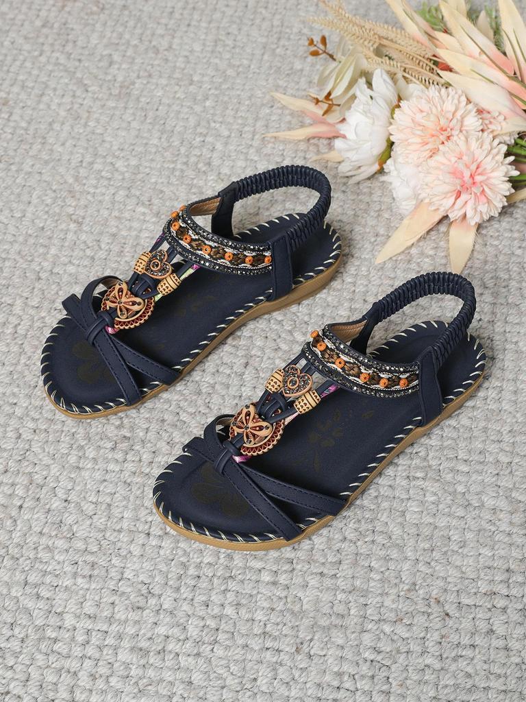 Bohemian Spring 2024 Rhinestone Flower Open-Toed Sandals for Outdoor Beach