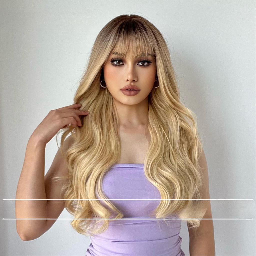 Полный головной убор черный постепенное изменение золотой челка Qi длинные вьющиеся волосы большая волна парик женский