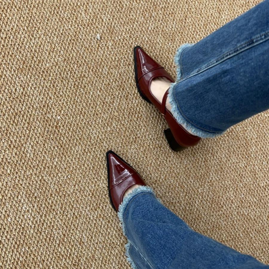 Французские черные туфли Мэри Джейн на толстом каблуке женская обувь новая весенняя остроносая с открытым верхом на высоком каблуке для работы