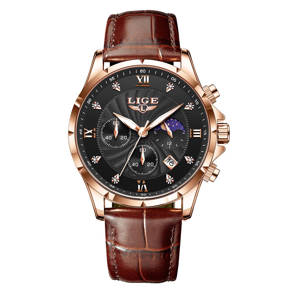 LIGE Men Watch Fashion Casual Luminous Waterproof Chronograph Leather Strap Quartz Watch