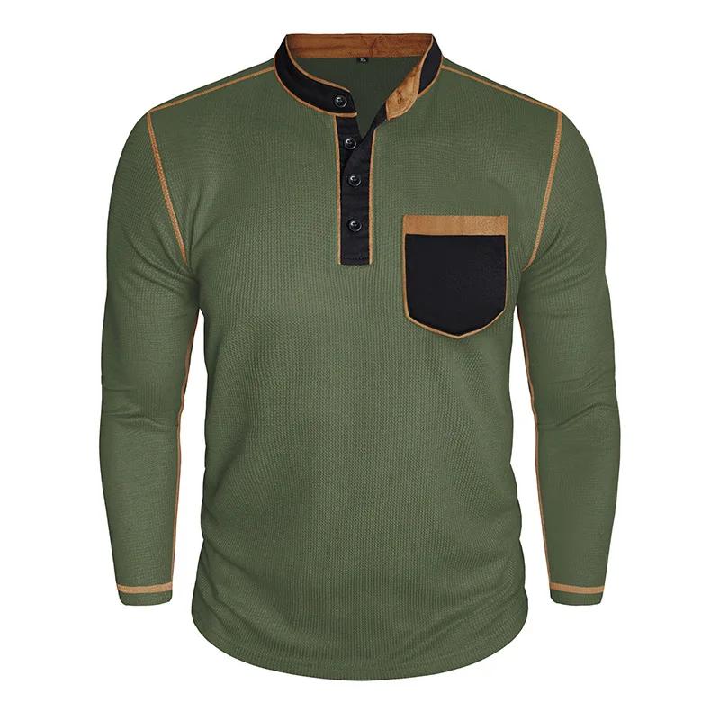 Мужская футболка с длинным рукавом и воротником-стойкой Henry, повседневная хлопковая футболка с пэчворком, осенне-зимняя базовая футболка, американские ретро футболки