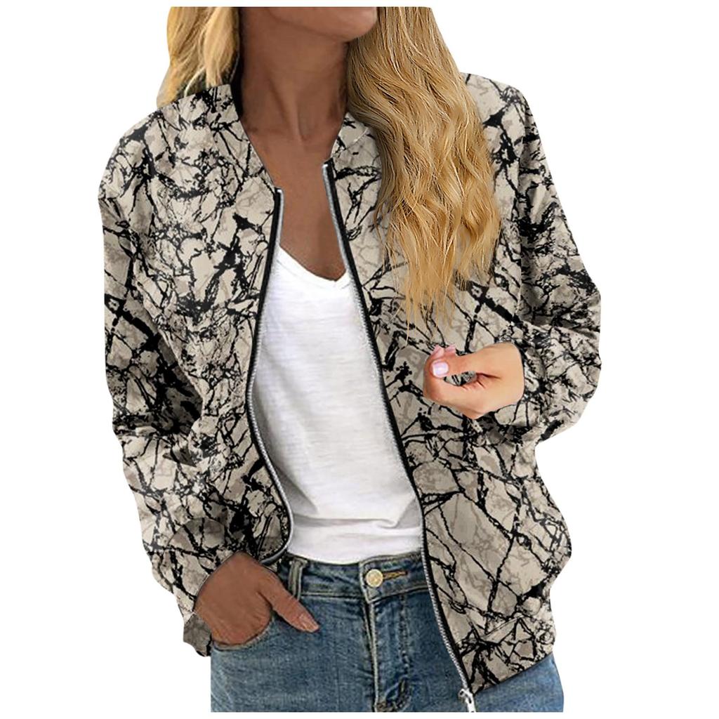 Куртки для женщин, легкие укороченные куртки с длинным рукавом на молнии, модная верхняя одежда с принтом, повседневные стеганые куртки с карманами
