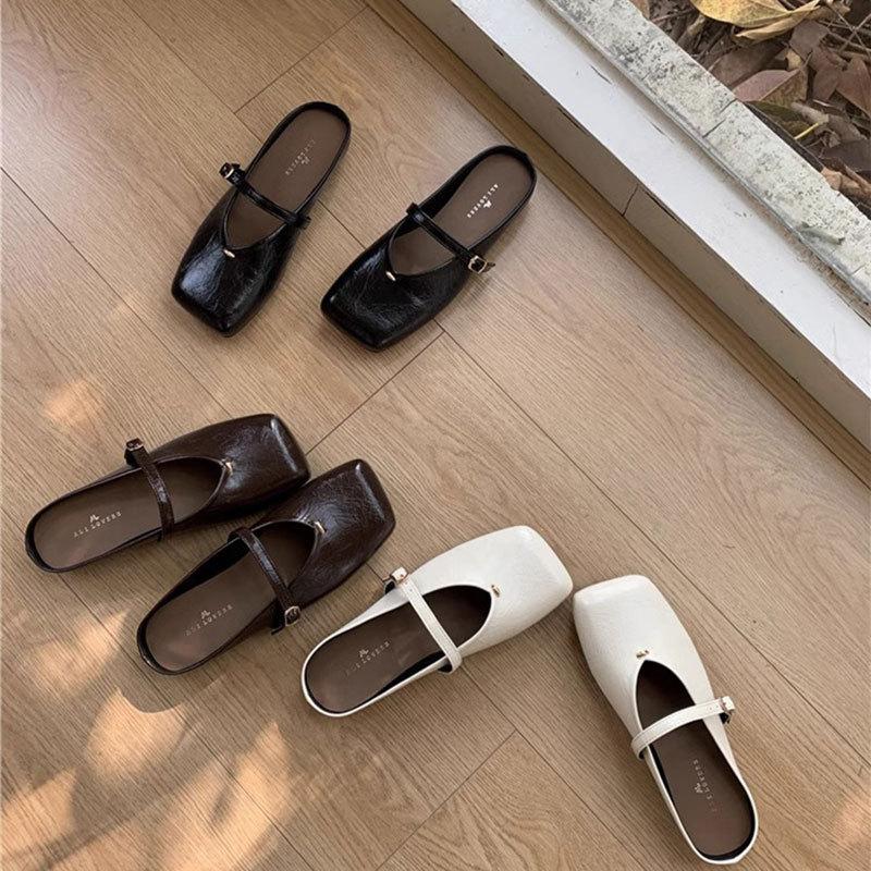 Мэри Джейн на плоской подошве, сумка-голова, полушлепки, женская уличная обувь, весна-лето 2025, новая обувь на мягкой подошве с квадратным носком, сандалии