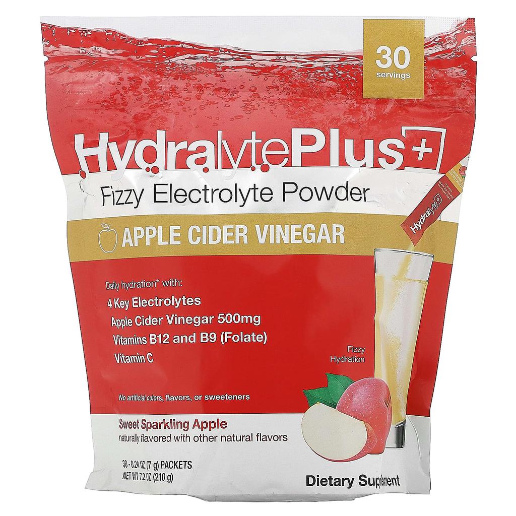 Hydralyte Hydralyte Plus+, Порошок-пена с электролитами, Вкус яблочного уксуса, 30 пакетиков, 0,24 унции (7 г) Каждый