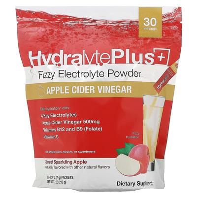 Hydralyte, Hydralyte Plus+, Электролитный пенный порошок, Вкус яблочного уксуса, 30 пакетиков, 0,24 унции (7 г) Каждый