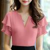 Women Casual V-Neck Ruffles Short Sleeve Summer Blouse