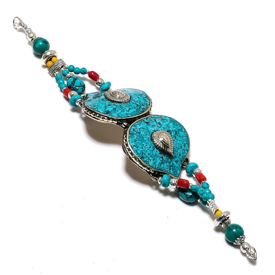 Turquoise Red Coral Bracelet Handmade Bahamas Tibetan Nepali Jewelry 8" NBB 3443