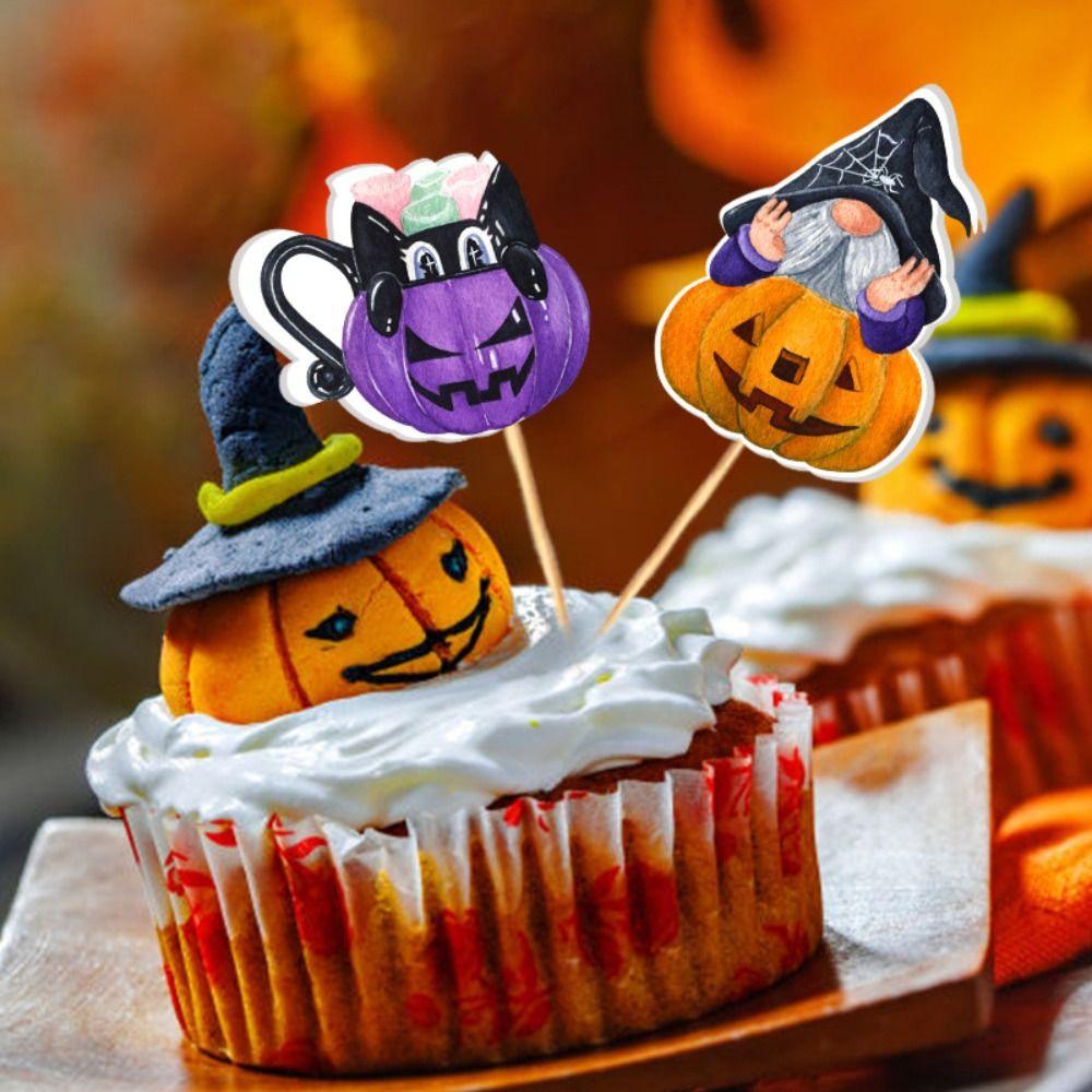 16Pcs Mini Cartoon Pumpkin Ghost Cake Inserts Creative Cupcake Plug-In Decoration  Home