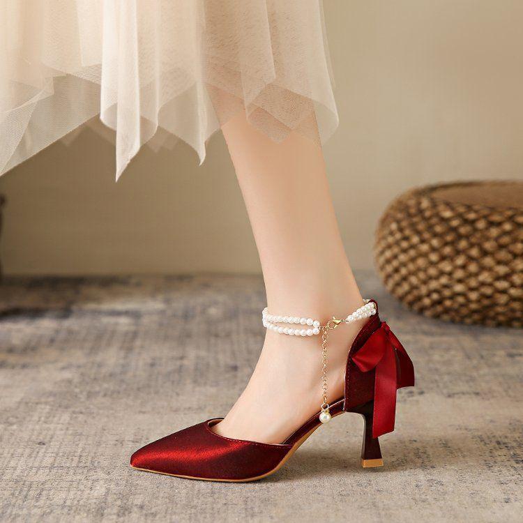 Французские босоножки Niche Temperament Socialite Autumn Pearl Bow Super Fairy High Heels