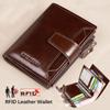 Men's Genuine Leather RFID Blocking Trifold Wallet Short Vintage Multi Function Credit Card Holder Coin Zipper Pocket
