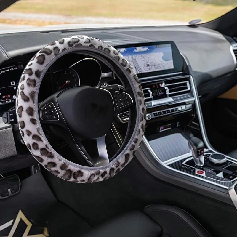 1Pc Auto Fluffy Winter Universal Leopard Print Gray Interior Accessories Car Steering Wheel Cover