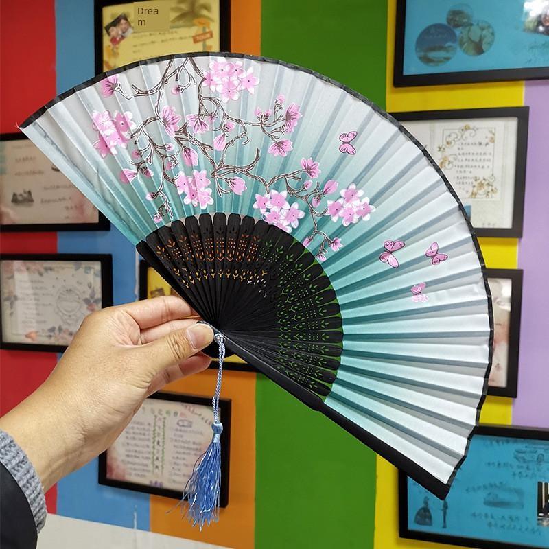 Chinese Style Folding Fan for Men, Portable, Retro Style, Classical, Traditional Hanfu, Black and Green, Bamboo Design
