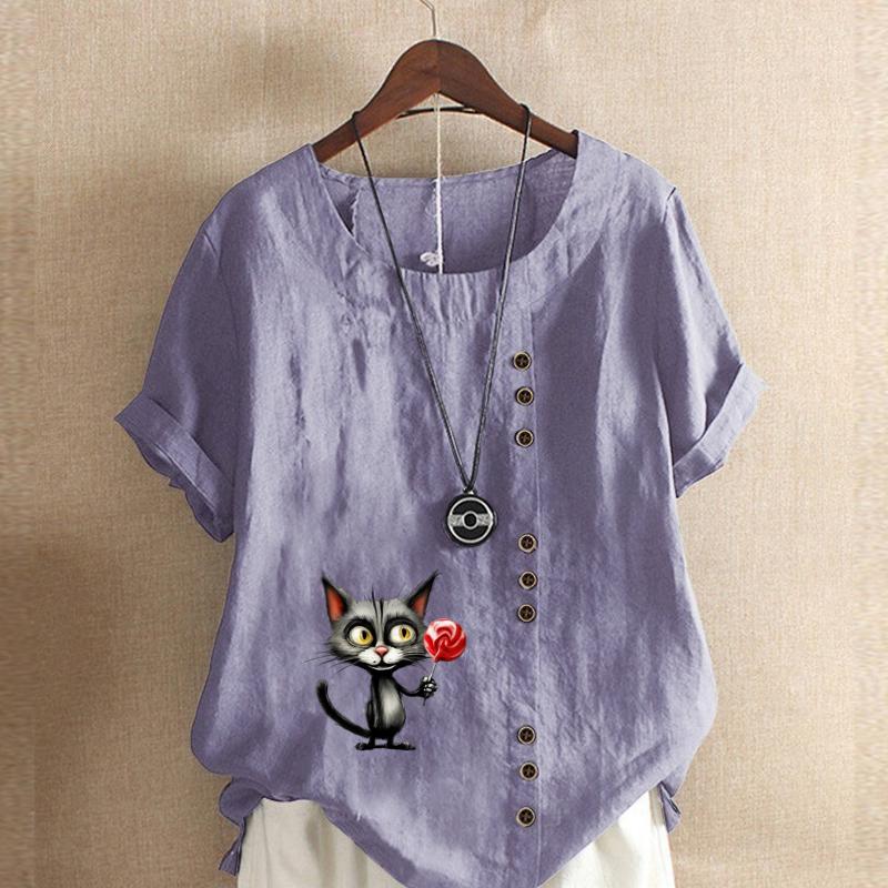 Women's Fashion Cute Cat Prined Short Sleeve T-shirt Loose Cotton Shirt Casual Loose Summer Blouse Tops Plus Size