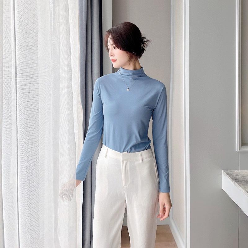 Топ с длинным рукавом на раннюю осень, ощущение обнаженности: Приятный к коже, с высоким воротником, модный девятицветный, японско-корейский тренд, молочный шелк для женщин
