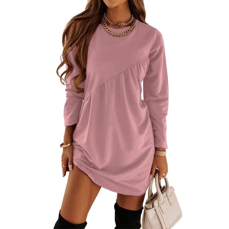 Женская осенне-зимняя новая однотонная футболка с длинными рукавами и нерегулярным круглым вырезом, длинное платье