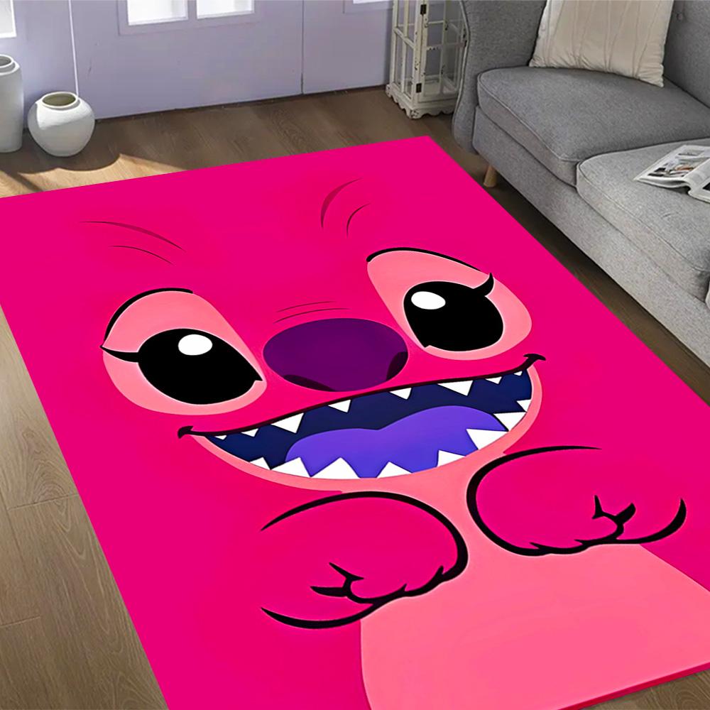 Pink Stitch Heart Background Disney Cartoon Theme Anti-Slip Rug - Polyester, Home Decor, Suitable for Bedrooms, Living Rooms, Doorways, and Studios