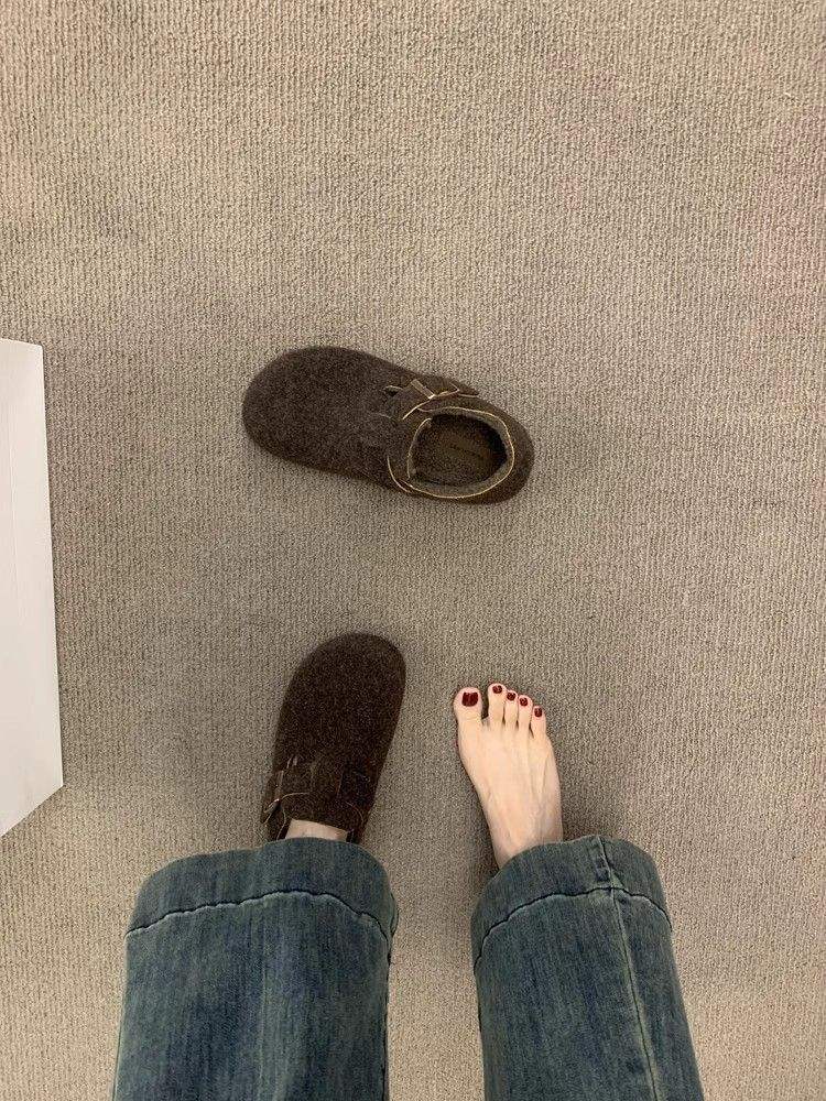 Ретро круглый носок фетровый флис Birkenstocks женские флисовые осенне-зимние на одной педали термохлопковые женские туфли шерстяные лоферы