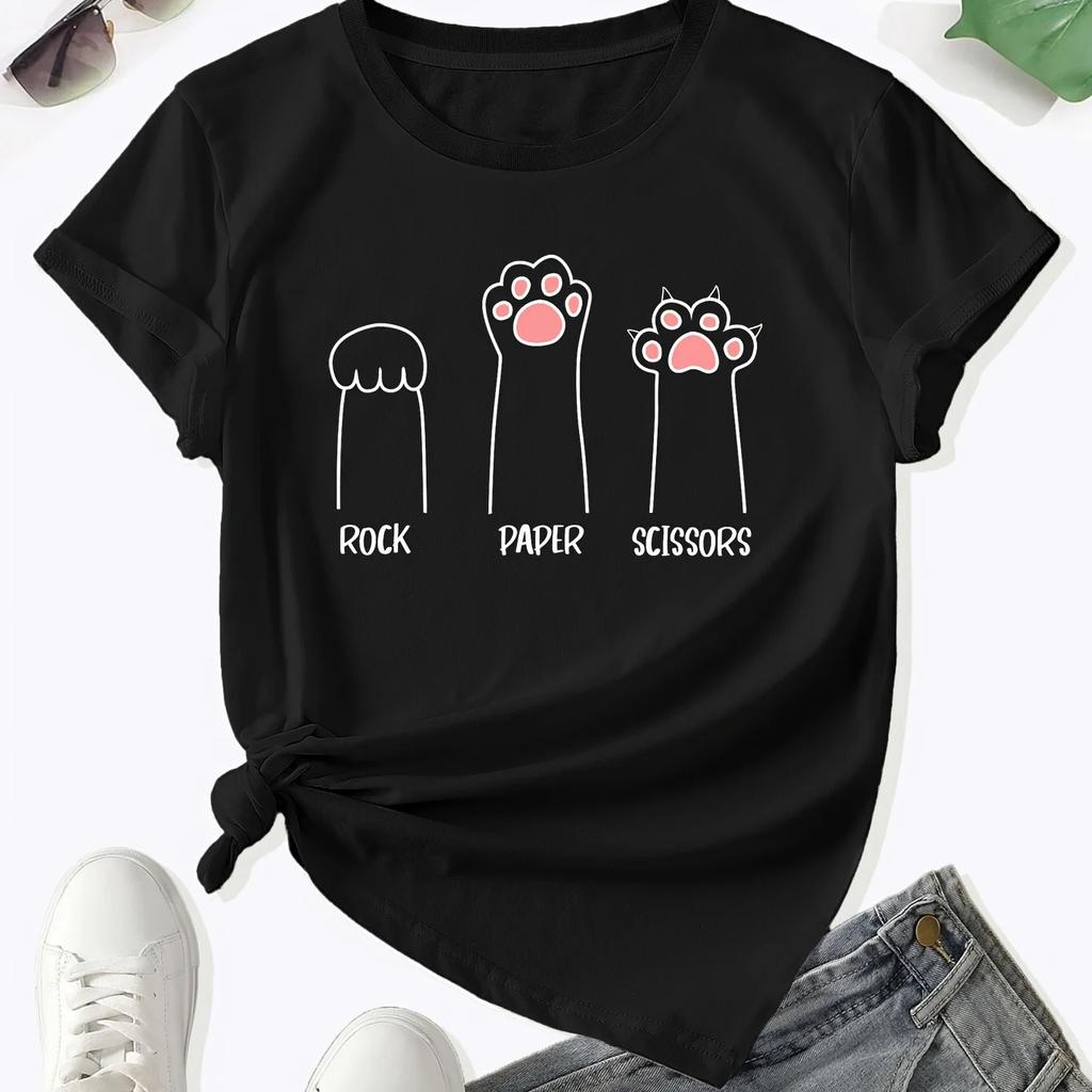 Paw Print Crew Neck T-Shirt, Casual Short Sleeve T-Shirt For Spring & Summer, Women's Clothing
