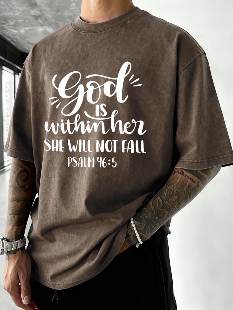 God Is Within Her She Well Not Fall Print Washed TShirt Men Loose Cotton T Shirts Soft ONeck Clothes Beach Vacation Streetwear
