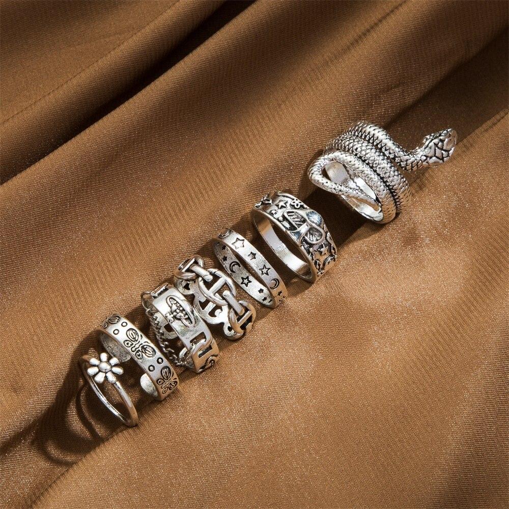 17KM Винтажный серебряный цвет, змея, бабочка, цветок, гриб, звезда, луна, набор колец для женщин и мужчин, готические кольца, модные ювелирные изделия, подарки