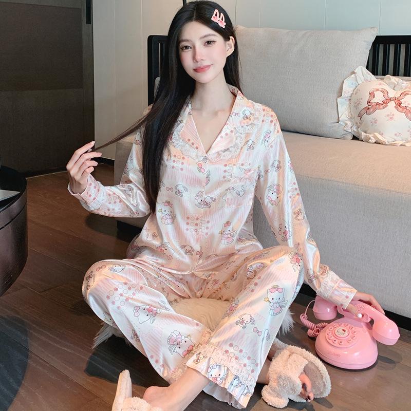 Japanese Sweet Ins Ice Silk Pajamas Set for Women - Light Luxury, Long Sleeve, Long Pants, Suitable for Spring and Autumn/Homewear.