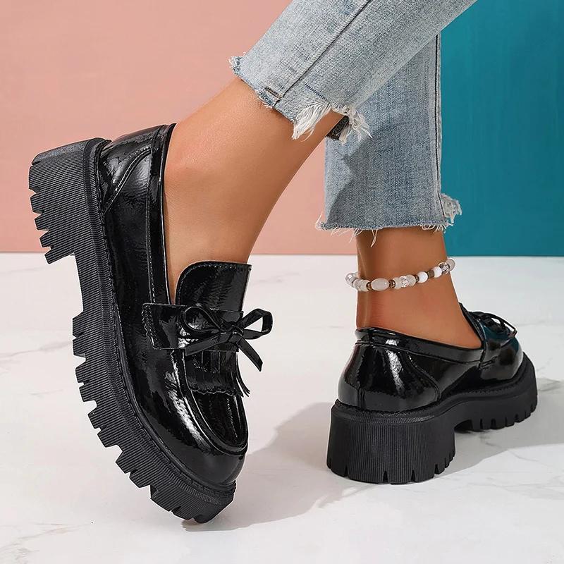 Лаферы из лакированной кожи в британском стиле для женщин Весенние слипоны на платформе Женские туфли с бантом Толстая подошва Студенческая обувь 42