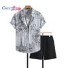 Повседневная мужская черно-белая рубашка с коротким рукавом и шортами с принтом граффити, комплект, мужская рубашка, лето 2025 г., новинка