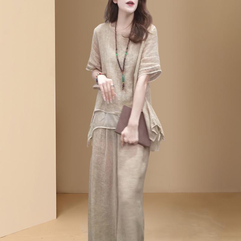 Женские винтажные широкие брюки, повседневные лоскутные блузки, брюки, комплекты из 2 предметов, свободный костюм, большой размер