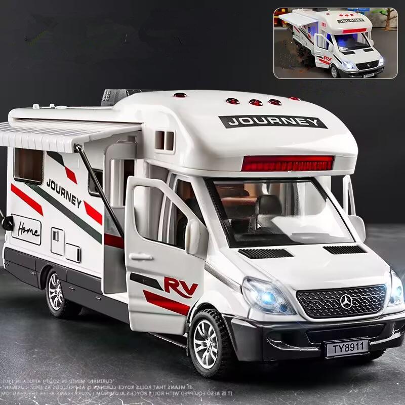 1/32 Luxury RV Recreational Diecast Vehicles Car Model Camper Van Motorhome Touring Car Model Sound and Light Childrens Toy Gift