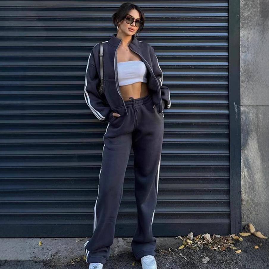 Women's Sport Casual Tracksuit 2026 Spring Autumn Loose Contrast Color Hooded Cardigan Sweatshirt and Pants 2 Piece Set