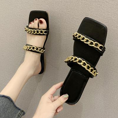 Женские тапочки на плоской подошве с цепочкой, дизайнерские сандалии, новые туфли с квадратным носком, женские шлепанцы, летние повседневные женские шлепанцы