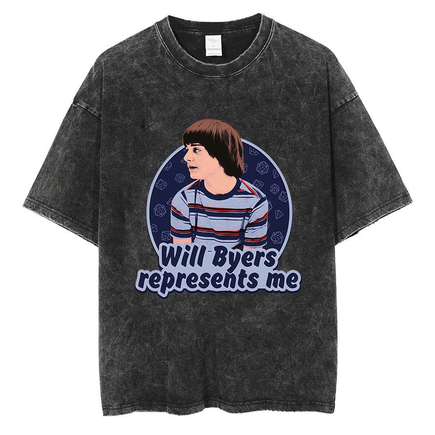 Vintage Washed Will Byers Graphic T Shirt Mens Fashion Pop TV Show Short Sleeve Tshirts Casual Cotton Tshirt Streetwear