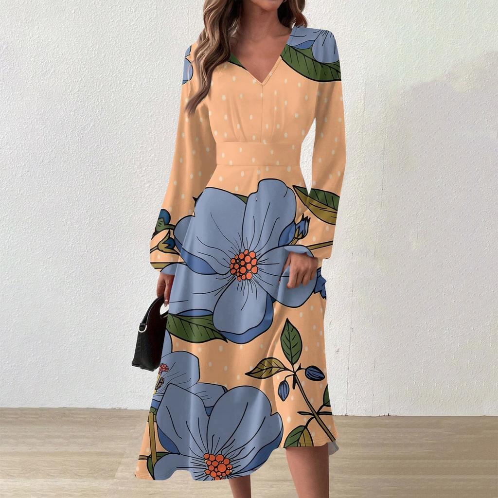 Женское осеннее и зимнее повседневное модное длинное платье с v-образным вырезом и длинным рукавом с цветочным принтом