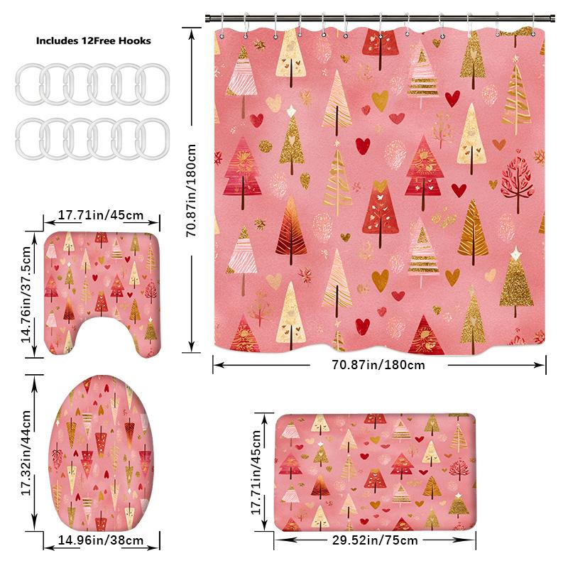 4PCS Shower Curtain Sets With Shower Curtain And Rugs Toilet Lid Rug U Shape Mat And Bath Mat Bathroom Set With 12 Hooks