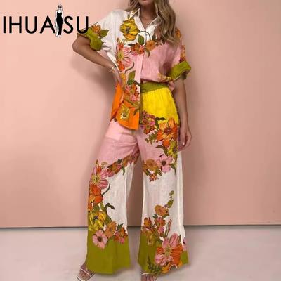 Костюм-двойка из хлопка и льна с принтом: топ + широкие брюки