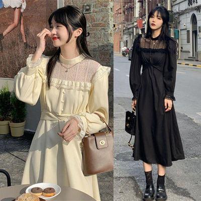 M ~ 4XL, готическое черное платье Y2k, женское платье большого размера, осеннее повседневное кружевное цельное платье с длинными рукавами, корейское вечернее элегантное женское платье миди