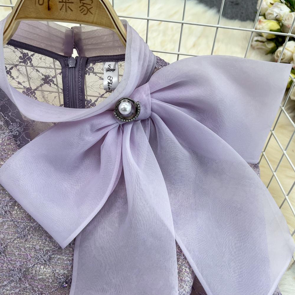 Весенне-осеннее женское элегантное фиолетовое сетчатое твидовое лоскутное праздничное платье с вышивкой и бантом, мини-короткие платья с бисером