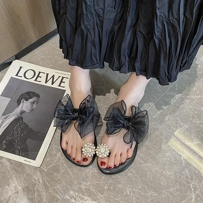 2025 Новые Модные Сандалии в Сказочном Стиле с Жемчужным Бантом Женские Уличные Бежевые Шлепанцы Корейская Версия Обувь на Резиновой Подошве