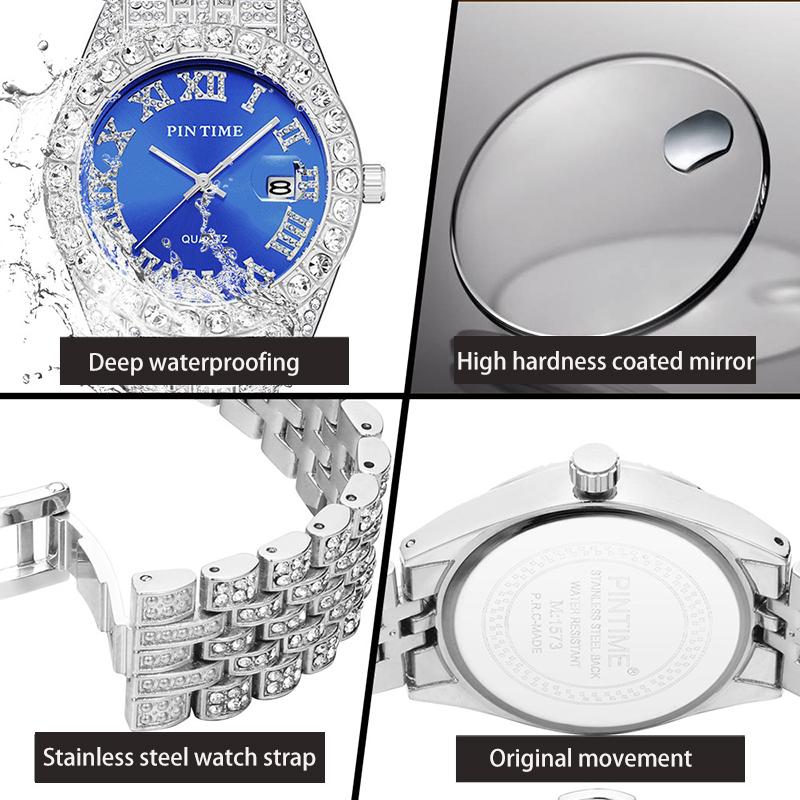 Часы в стиле хип-хоп, роскошные, блестящие, со стразами, водонепроницаемые, из нержавеющей стали, круглые, кварцевые, мужские, наручные часы, подарок парню