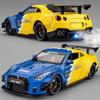 1:Модель спортивного автомобиля GTR R34 в масштабе 1:24, литая из сплава, с открывающимися дверями, с механизмом оттяжки, звуком и светом. Подарок для ребенка