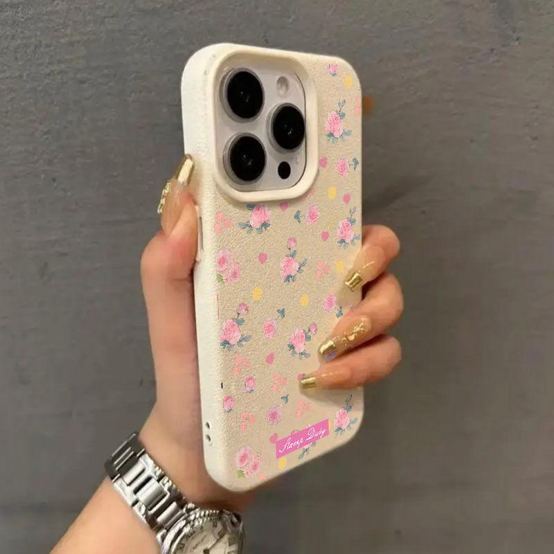 Чехол с цветочным узором и текстурой личи для Apple iPhone 15, 16, 17 Pro Max, мягкий чехол