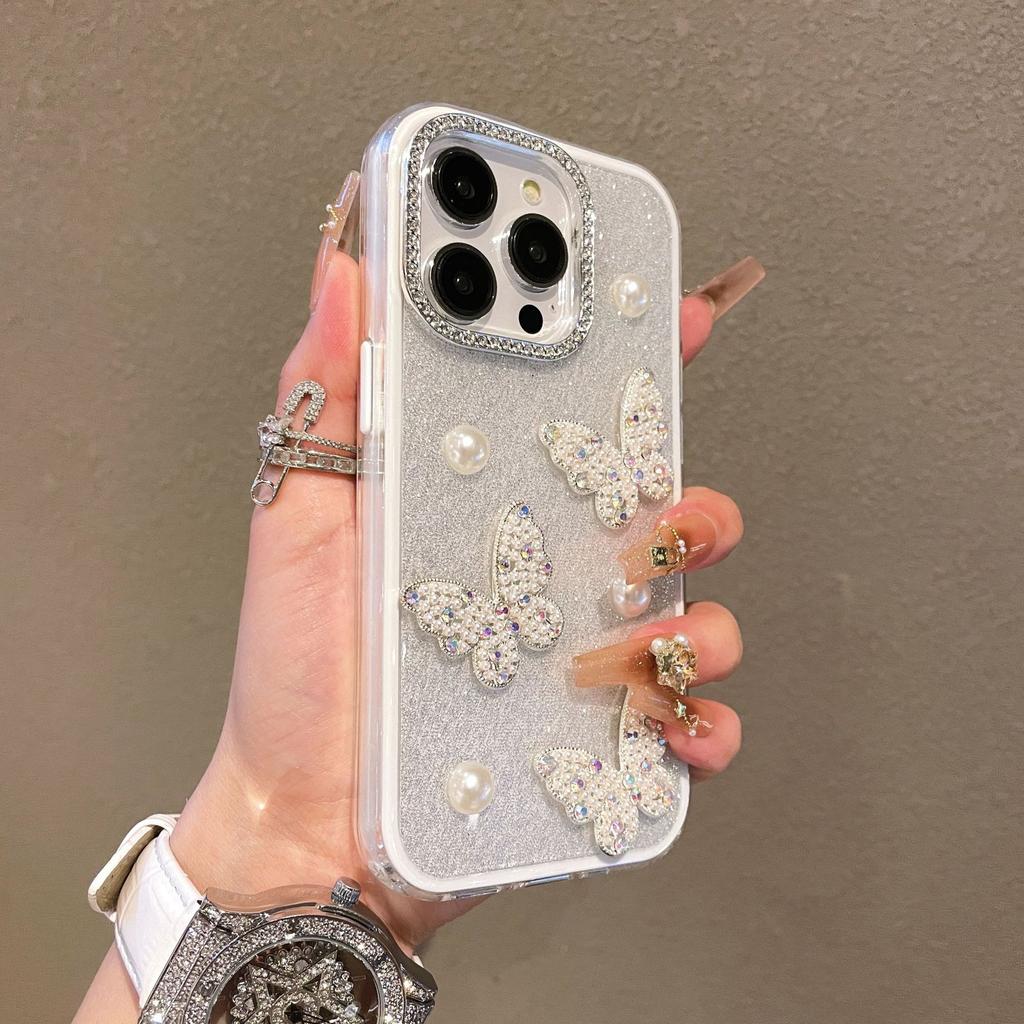 Ins Япония и Корея блестящий бриллиант жемчуг бабочка для iPhone16promax чехол для мобильного телефона Apple 15pro новый 12 блестящий