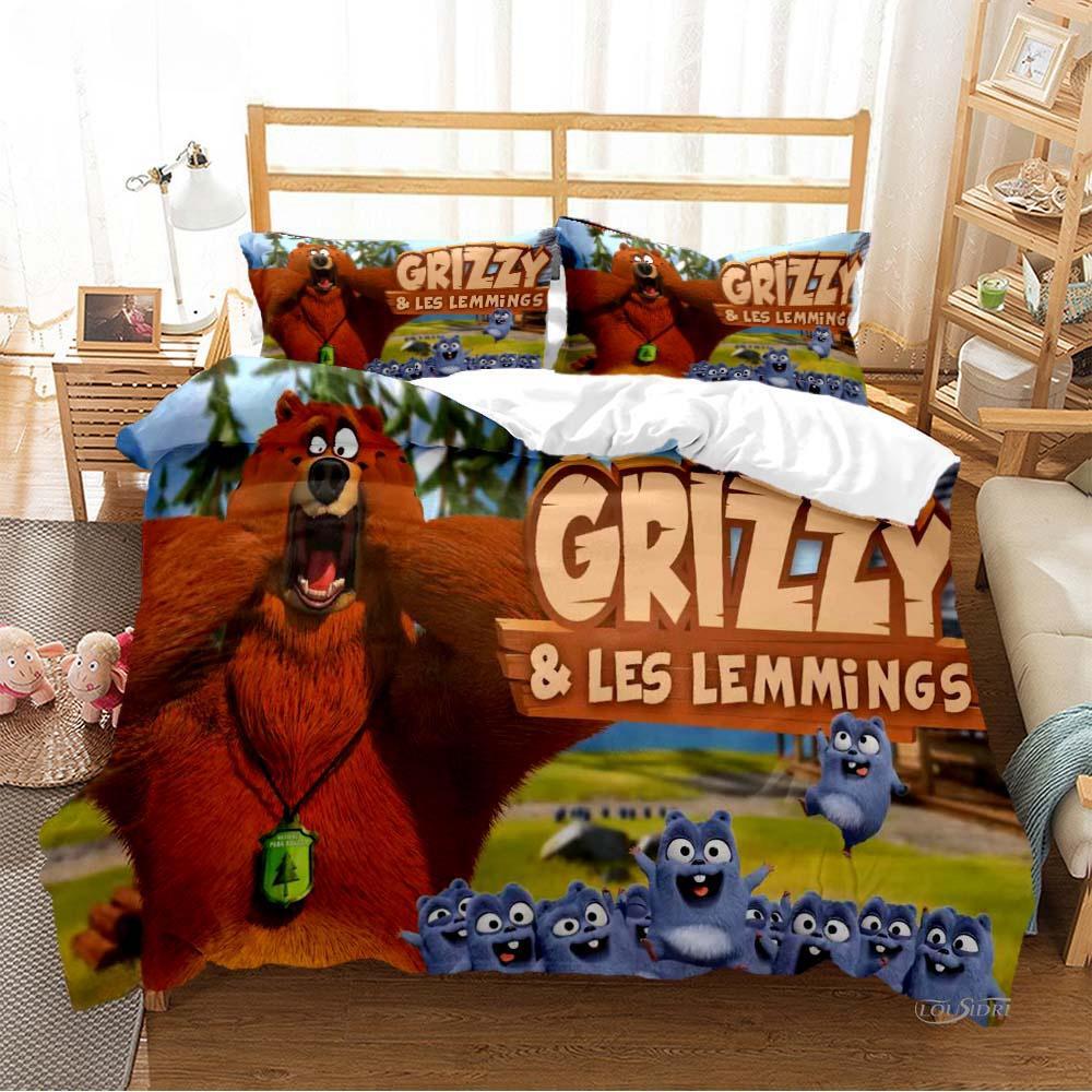 Grizzly The Lemmings Мультфильм Аниме Пододеяльник Одеяло Комплект постельного белья Мягкое Покрытие для одеяла и наволочки Односпальный/Двуспальный/Queen/King