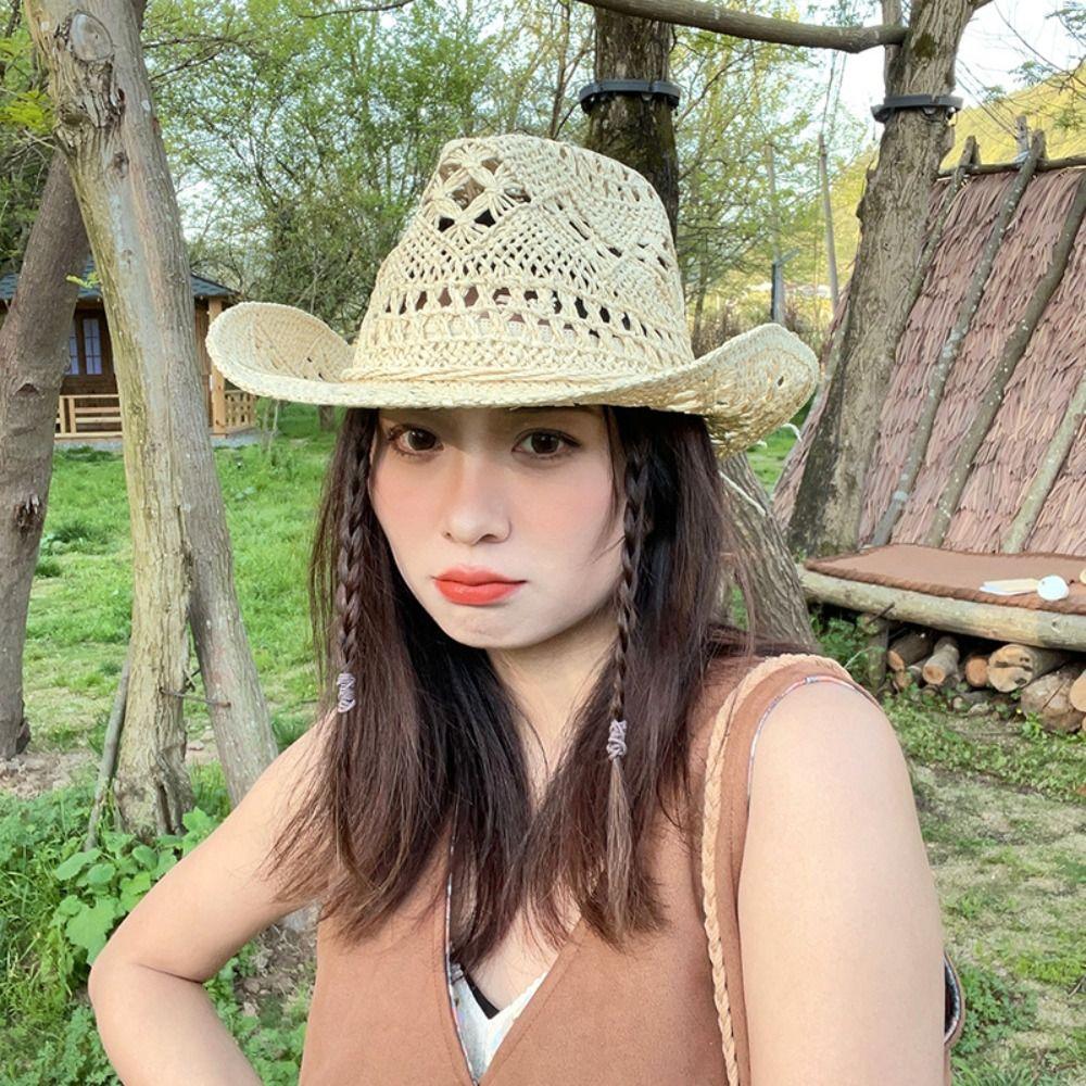Широкополая ковбойская шляпа в западном стиле, шляпа от солнца с загнутыми полями, классическая соломенная шляпа с отверстиями, на каждый день