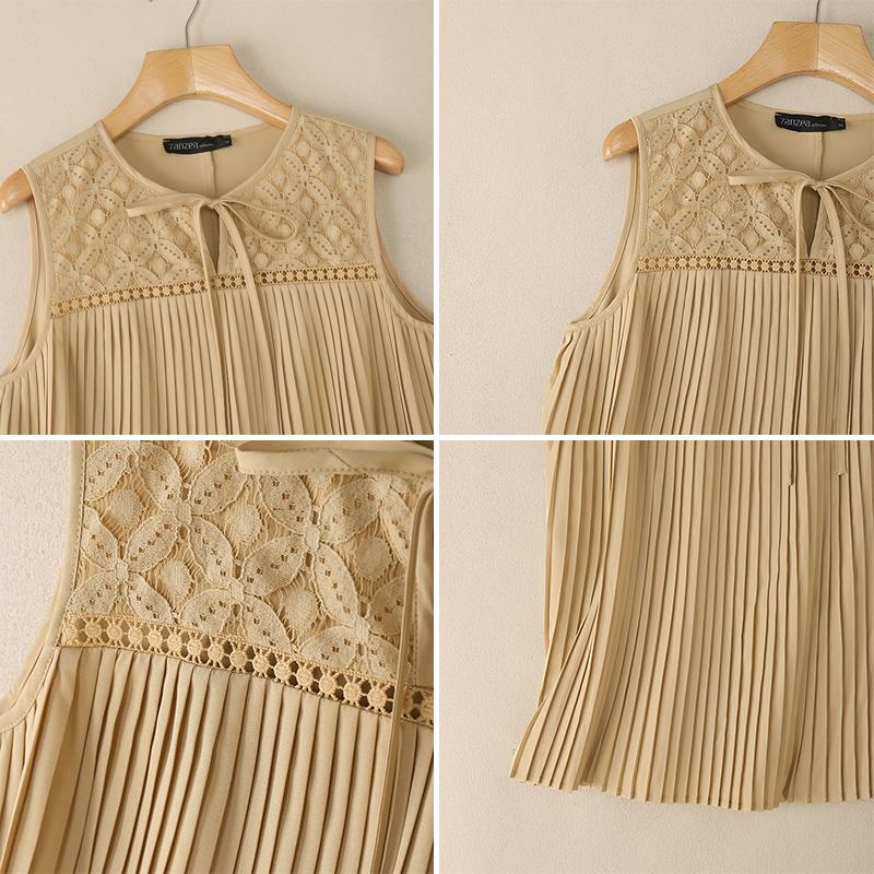 ZANZEA Women Casual Crochet Splice Round Neck Summer Sleeveless Tank Tops