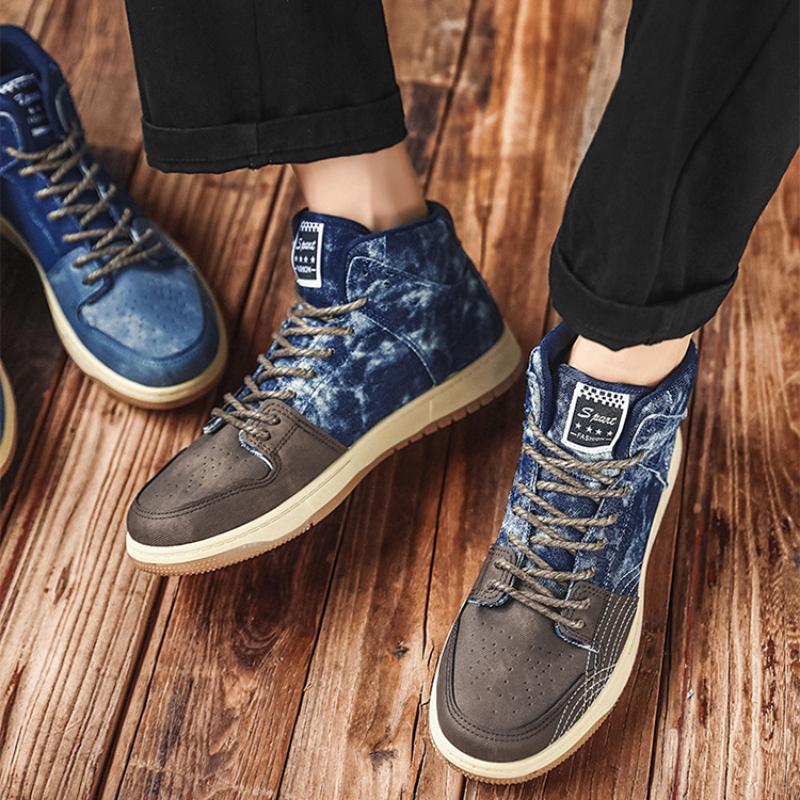 Fashion Middle and High Top Men's Retro Autumn and Winter Denim Color Matching Men's Shoes Casual Sports Shoes Men's Trendy Shoes