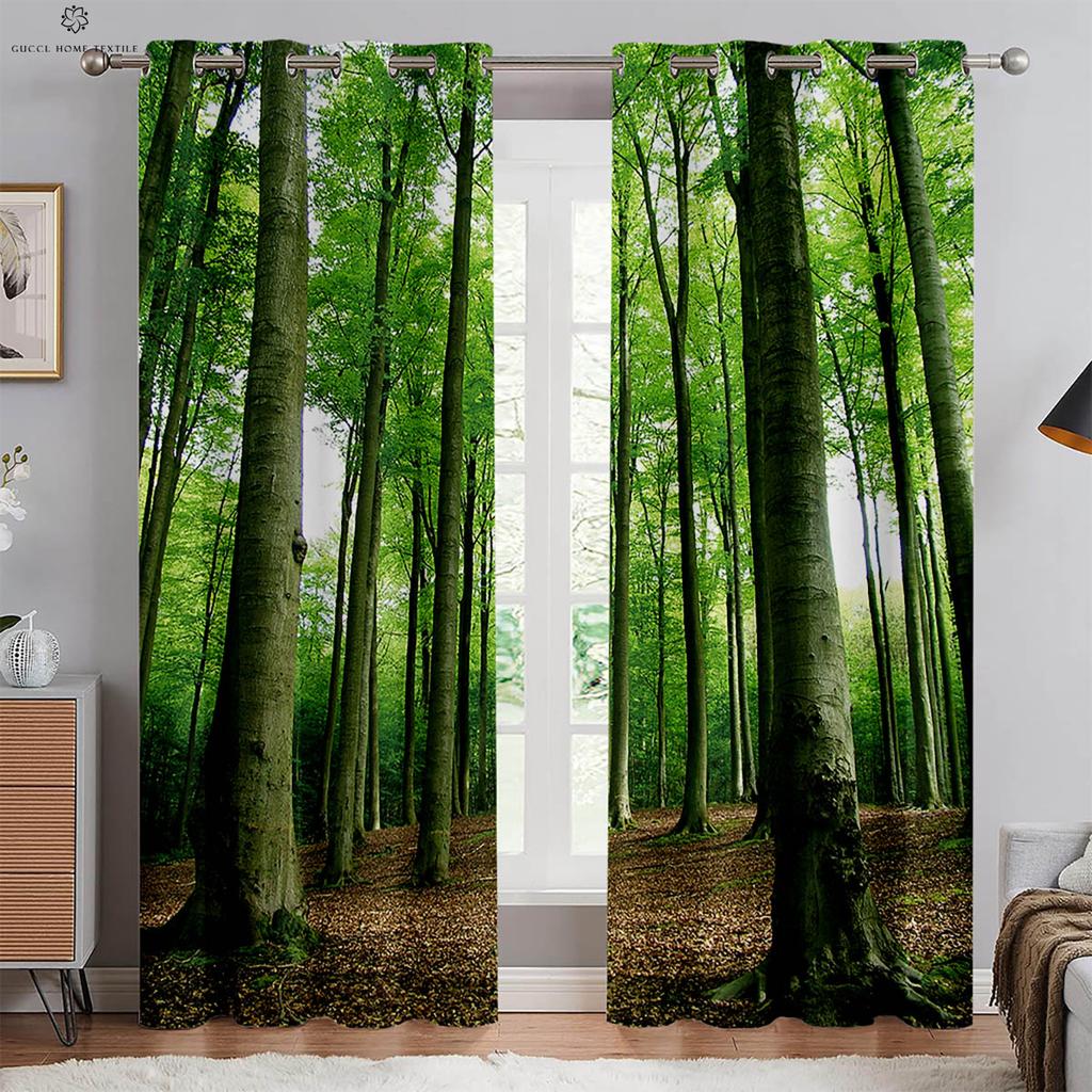 2 шт. Занавески с 3D-стереопечатью «Лесной пейзаж» на люверсах, 100% полиэстер, декоративные занавески для спальни, гостиной, кухни, окна