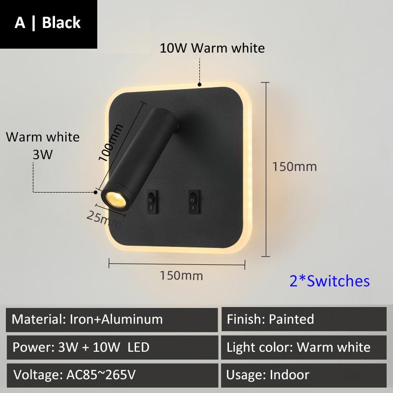 Creative Base Switches Small Wall Lamp With USB Type-C Charging Port Living Room Bedroom Bedside Rotatable Reading Light 10W+3W