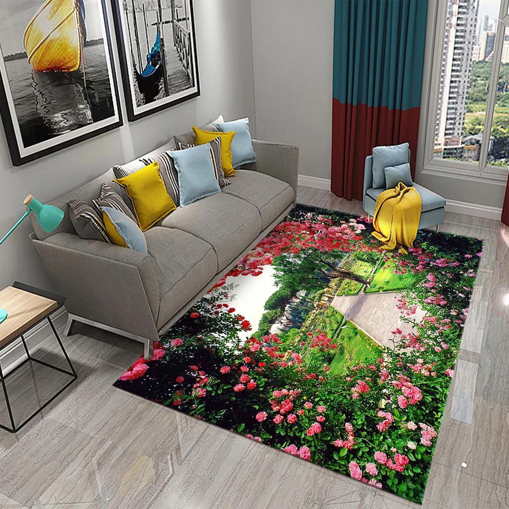 3D Ковер на тему сада Красочный ковер с цветами и растениями для спальни Напольный коврик Придверный коврик Коврик для ванной комнаты Нескользящий коврик Ковер Домашний декор