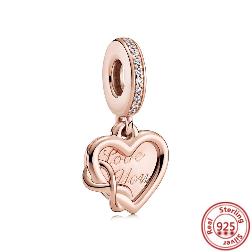 Hot Sale Rose Gold Series Pink Zircon Leaves Heart Pendant Sparkling Clip Bead Fit Charm Bracelet DIY S925 Silver Jewelry